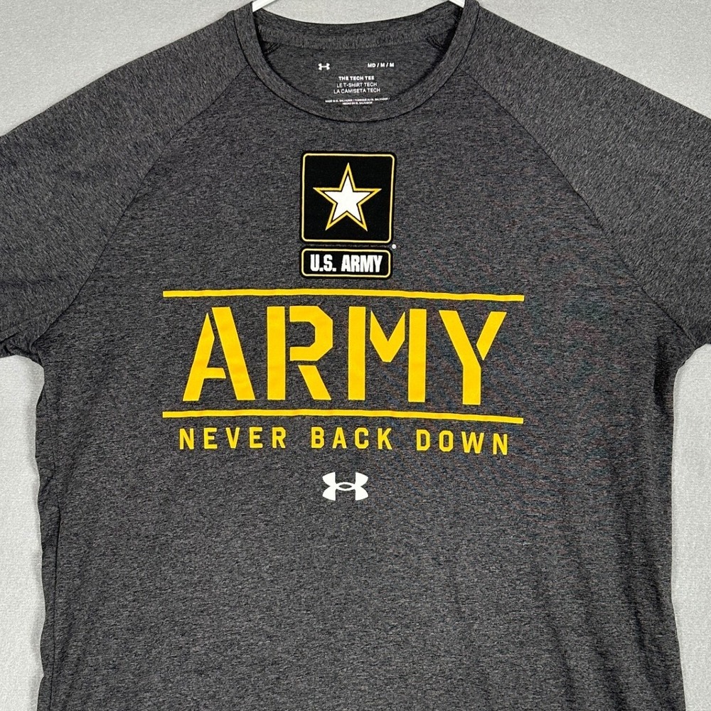 Under Armour T-Shirt Mens Medium Tech Tee Grey U.S. Army Never Back Down EUC